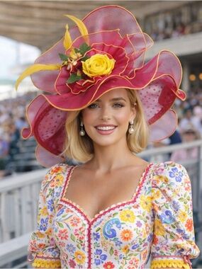 Kentucky Derby Hat Ky Oaks Organza Feather Pink Polka Dot and Yellow Floral Hat